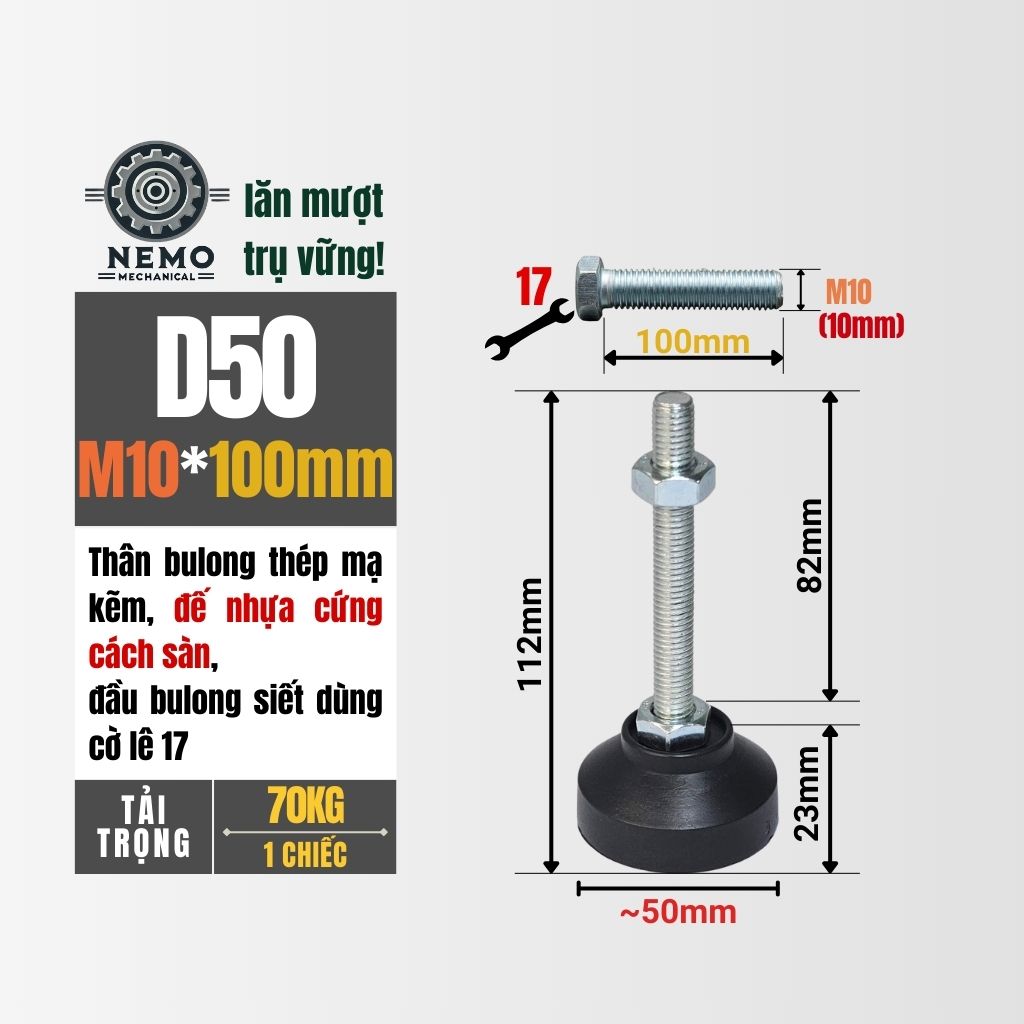 Chân Tăng Chỉnh Đế Nhựa Cứng – Giải Pháp Cân Bằng & Chống Rung (M10, M12, M16)